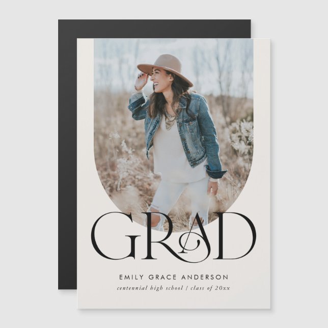Modern Arch Simple Boho Three Photo Studenten Mag Magnetisk Inbjudningskort (Fram/baksida)