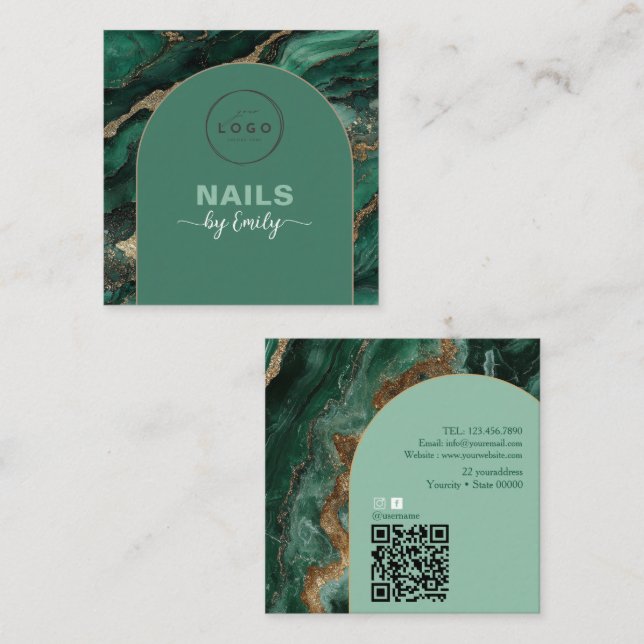 Modern Arch Smaragdgrön och Guld Qr Code Marmor  Fyrkantigt Visitkort (Fram/baksida)