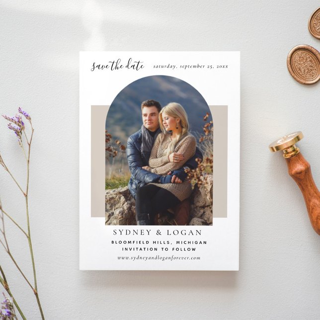 Modern Arch Taupe Bröllop Photo Spara Datumet (Skapare uppladdad)