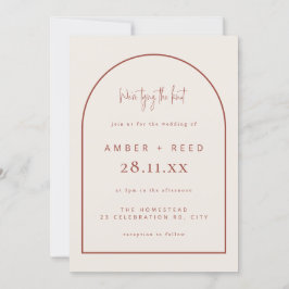 Modern Arch Tying Knot Bröllop Terracotta Script Inbjudningar
