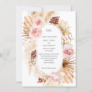 Modern Arch Watercolor Boho Pampas Flowers Bröllop Inbjudningar