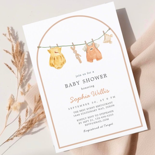Modern Arch Watercolor Simple Clothes Baby Shower Inbjudningar (Skapare uppladdad)