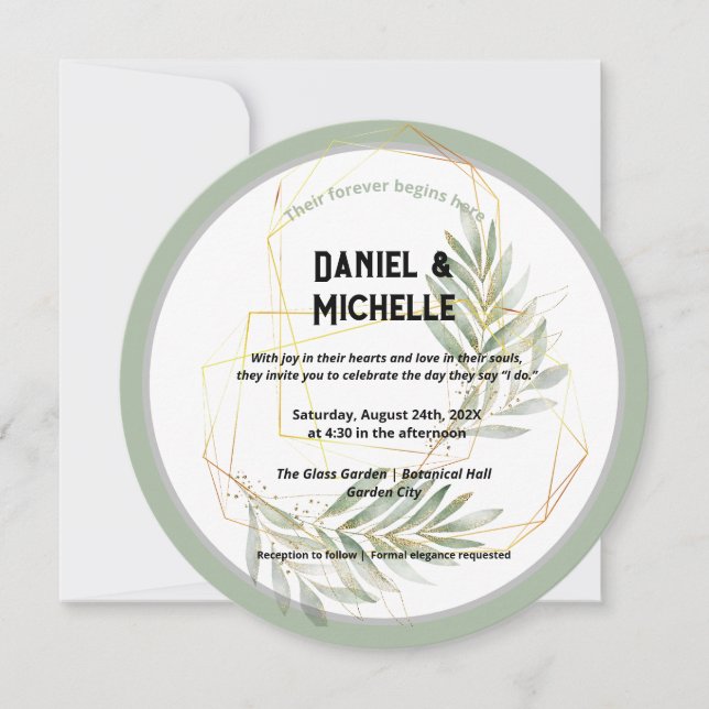 Modern arched Black Guld Bröllop Botanical Theme Inbjudningar (Framsida)