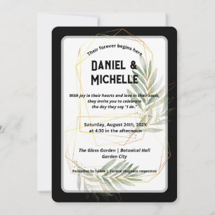 Modern arched Black Guld Bröllop Botanical Theme Inbjudningar