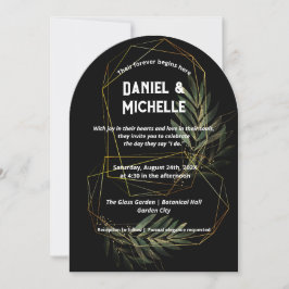 Modern arched Black Guld Bröllop Botanical Theme Inbjudningar