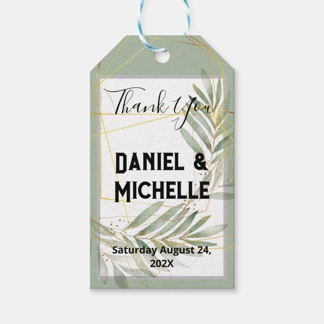 Modern arched Black Guld Bröllop Botanical Theme Presentetikett (Framsidan)