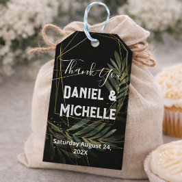 Modern arched Black Guld Bröllop Botanical Theme Presentetikett