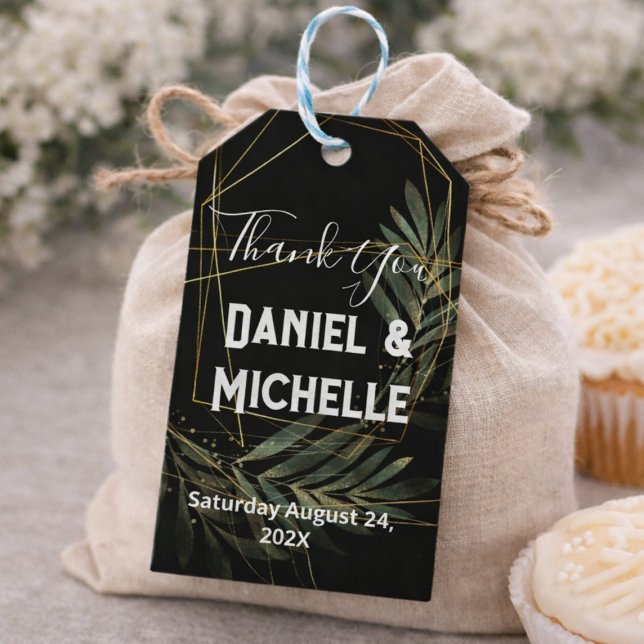 Modern arched Black Guld Bröllop Botanical Theme Presentetikett (Skapare uppladdad)
