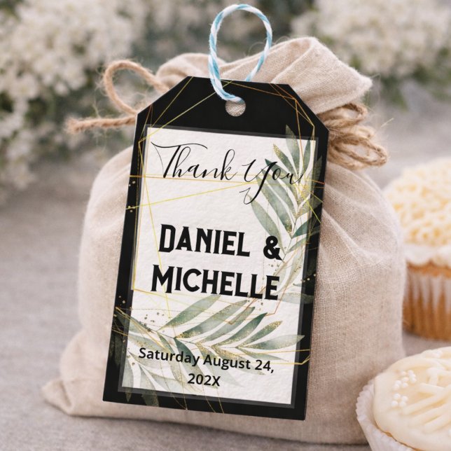 Modern arched Black Guld Bröllop Botanical Theme Presentetikett (Skapare uppladdad)