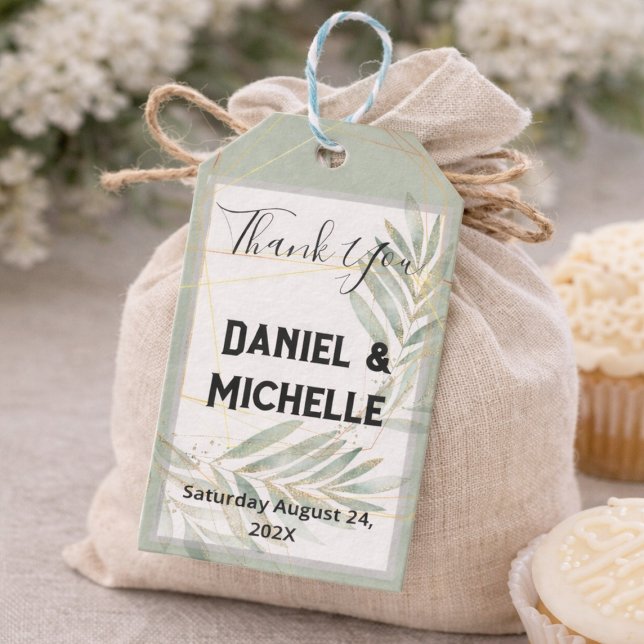 Modern arched Black Guld Bröllop Botanical Theme Presentetikett (Skapare uppladdad)