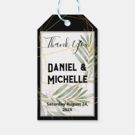 Modern arched Black Guld Bröllop Botanical Theme Presentetikett