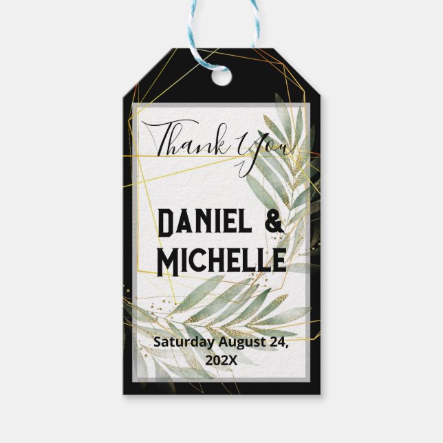 Modern arched Black Guld Bröllop Botanical Theme Presentetikett (Framsidan)