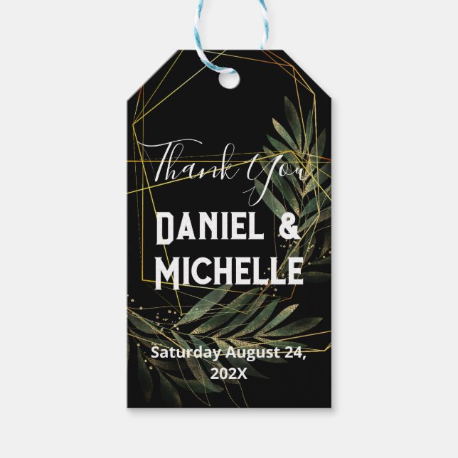 Modern arched Black Guld Bröllop Botanical Theme Presentetikett (Framsidan)