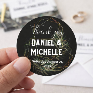 Modern arched Black Guld Bröllop Botanical Theme Runt Klistermärke