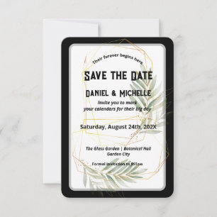 Modern arched Black Guld Bröllop Botanical Theme Spara Datumet