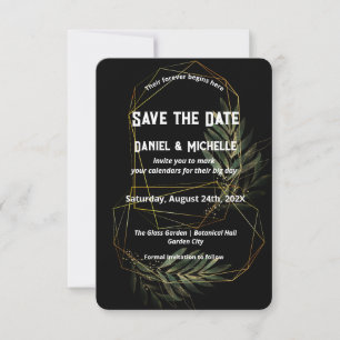 Modern arched Black Guld Bröllop Botanical Theme Spara Datumet