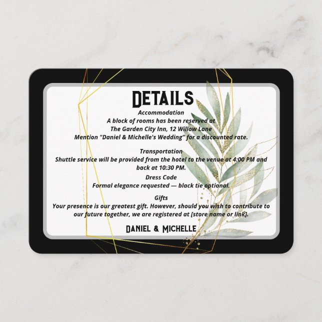 Modern arched Black Guld Bröllop Botanical Theme Tilläggskort (Framsida)