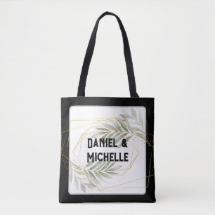 Modern arched Black Guld Bröllop Botanical Theme Tygkasse