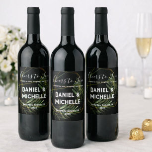 Modern arched Black Guld Bröllop Botanical Theme Vinflaska Etikett
