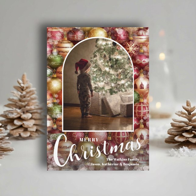 Modern Arched Photo on Christmas Baubles Julkort (Modern arched photo on Christmas ornaments holiday cards, PRINTED and/or INSTANT DOWNLOAD)