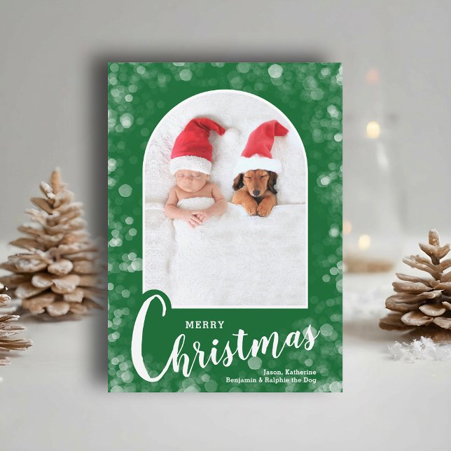 Modern Arched Photo on Green Christmas Julkort (Modern arched photo on green Merry Christmas holiday cards, PRINTED and/or INSTANT DOWNLOAD)