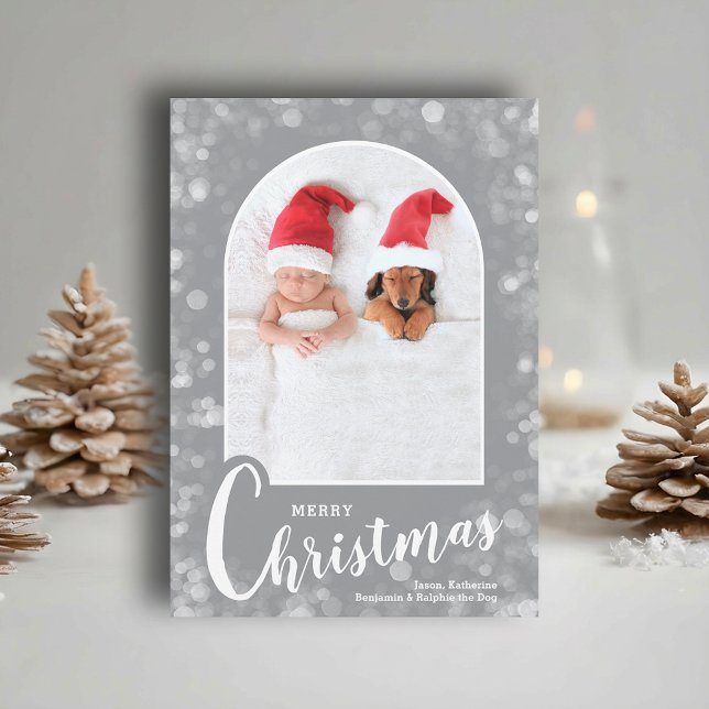 Modern Arched Photo on Grey Christmas Julkort (Modern arched photo on grey Merry Christmas holiday cards, PRINTED and/or INSTANT DOWNLOAD)
