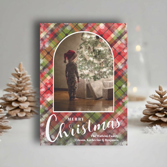 Modern Arched Photo on Plaid Julkort (Modern arched photo on Christmas plaid holiday cards, PRINTED and/or INSTANT DOWNLOAD)