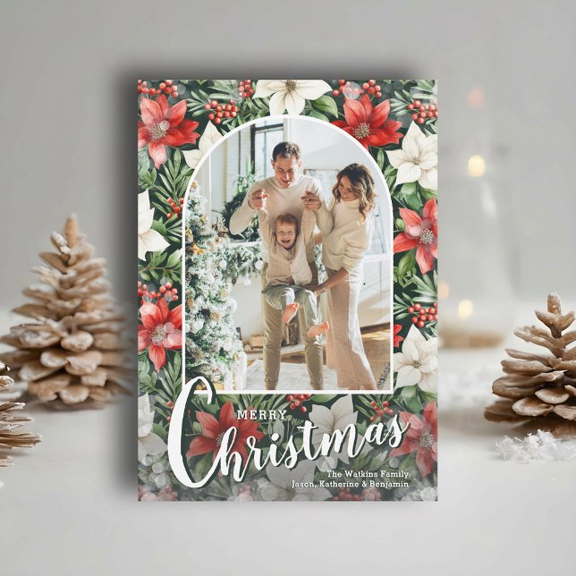 Modern Arched Photo on Poinsettias Christmas Julkort (Modern arched photo on poinsettia Merry Christmas holiday cards, PRINTED and/or INSTANT DOWNLOAD)