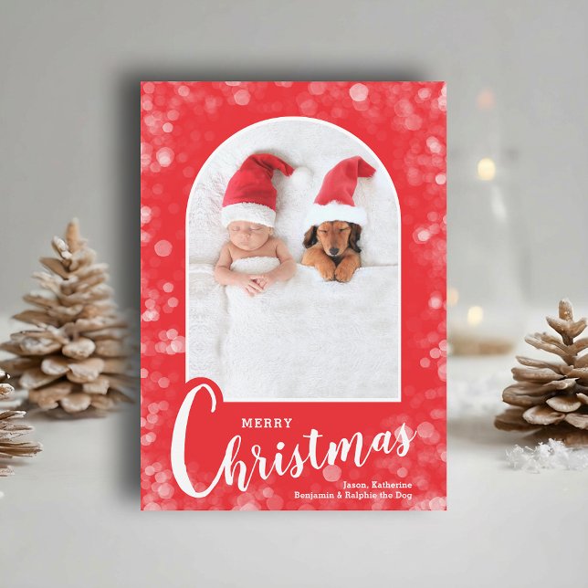 Modern Arched Photo on Red Christmas Julkort (Modern arched photo on red Merry Christmas holiday cards, PRINTED and/or INSTANT DOWNLOAD)
