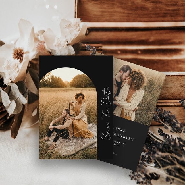 Modern Arched Ram Bröllop Black Photo Spara Datumet (Skapare uppladdad)