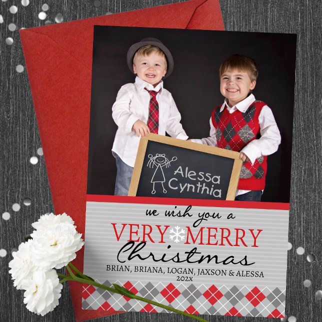 Modern Argyle-julhälsningskort - 1 foto Julkort (Elegant Modern Argyle 1 Photo Holiday Christmas Greeting Cards in Grey and Red)