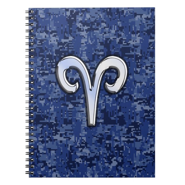 Modern Aries Zodiac Symbol Navy Blue Digital Camo Anteckningsbok Med Spiral (Framsidan)