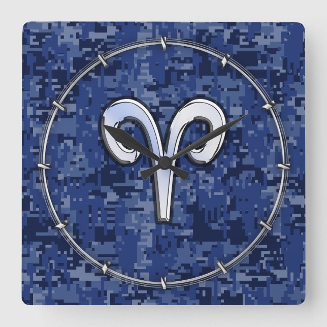 Modern Aries Zodiac Symbol Navy Blue Digital Camo Fyrkantig Klocka (Framsida)