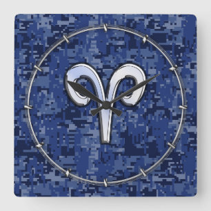 Modern Aries Zodiac Symbol Navy Blue Digital Camo Fyrkantig Klocka