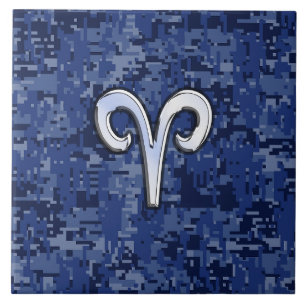 Modern Aries Zodiac Symbol Navy Blue Digital Camo Kakelplatta
