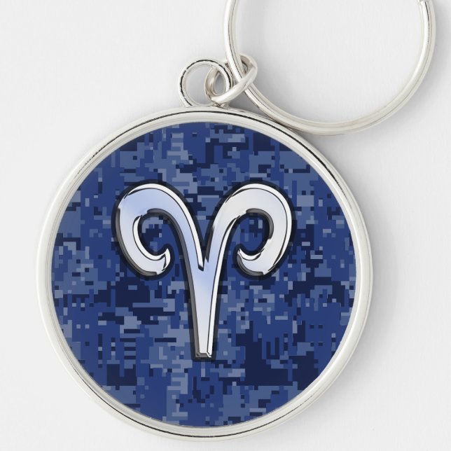 Modern Aries Zodiac Symbol Navy Blue Digital Camo Rund Silverfärgad Nyckelring (Framsidan)