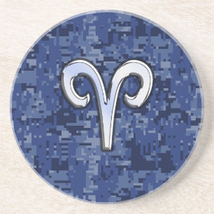Modern Aries Zodiac Symbol Navy Blue Digital Camo Underlägg Sandsten