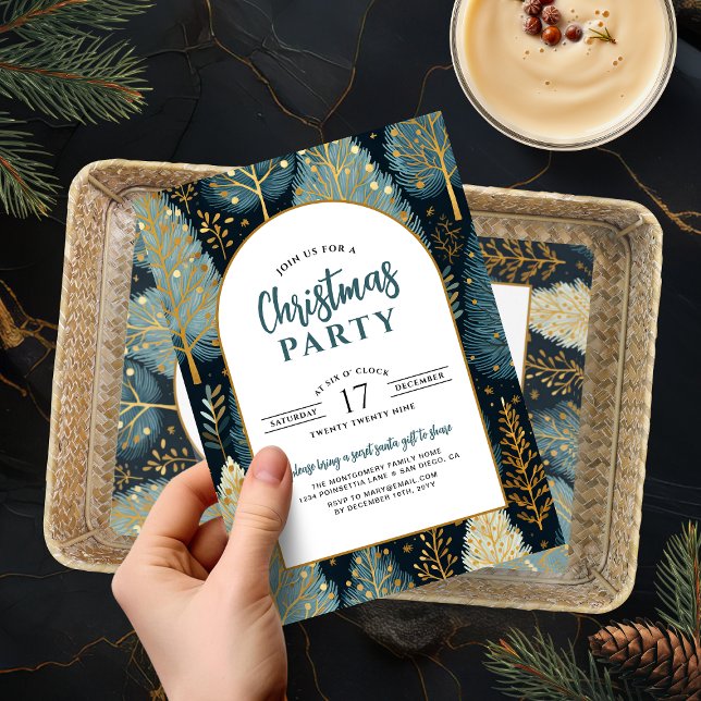 Modern Ark Fritids skog Anpassad julfest Inbjudningar (Modern Arch Holiday Forest Custom Christmas Party Invitation)