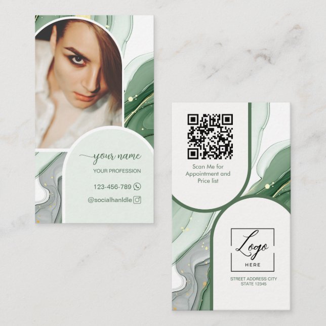 Modern ark sagegrön foto qr-kod logotyp visitkort (Fram/baksida)