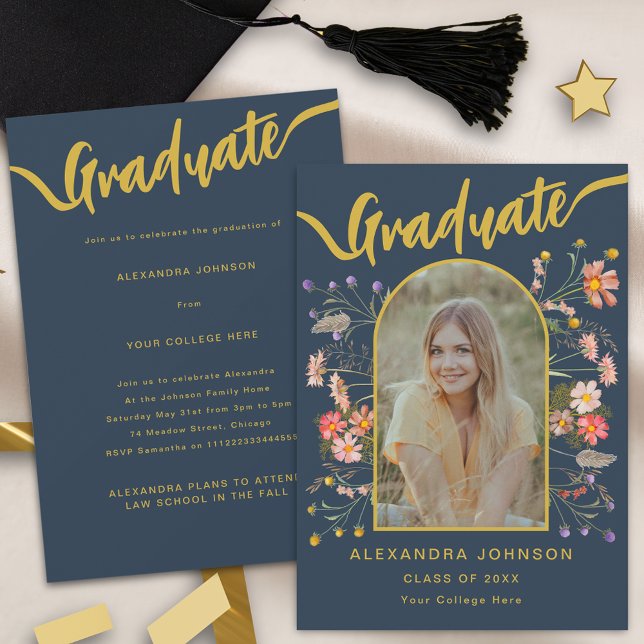 Modern Arkitektur Foto Boho Blommig Blå Studentfes Inbjudningar (Modern photo arch watercolor wildflower boho floral Graduation announcement party blue invitation)