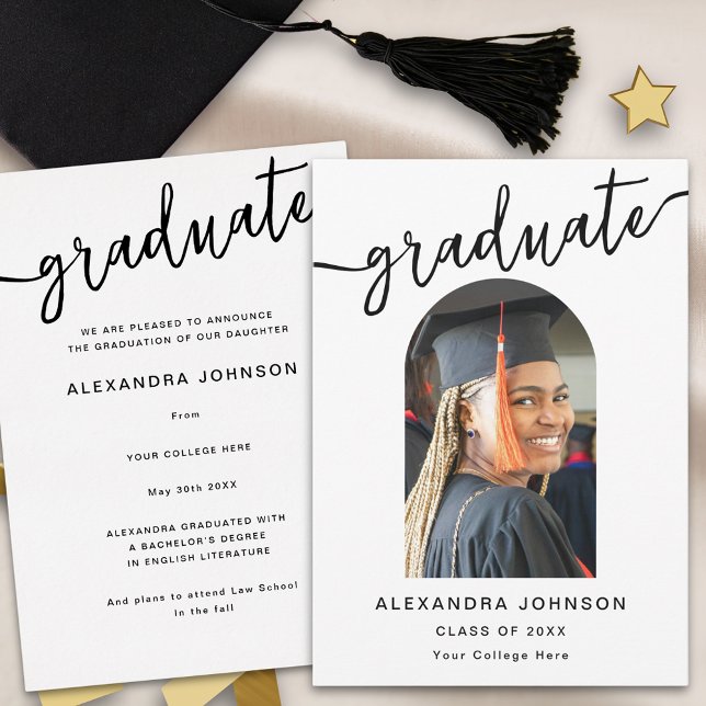 Modern Arkitektur Foto Examen Meddelande (Modern trendy black script arch photo graduation announcement card elegant stylish chic design)