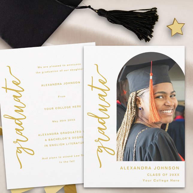 Modern Arkitektur Foto Examen Meddelande (Modern elegant arch photo white and gold script graduation announcement card Stylish trendy chic)