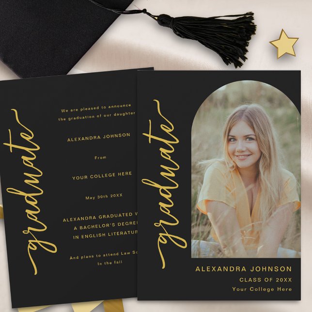 Modern Arkitektur Foto Meddelande (Modern trendy black and gold script arch photo graduation announcement card)