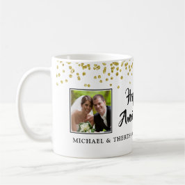 Modern årsdag 2 Foton Guld Confetti Namn Kaffemugg