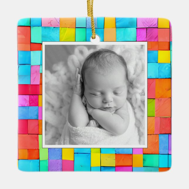 Modern Art Baby Birth Announcement Colorful PHOTO Julgransprydnad Keramik (Framsida)