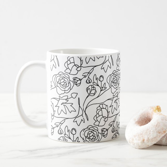 Modern Art Blommigt Black White Kaffemugg (Med munk)
