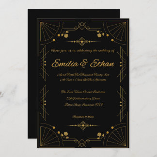 Modern Art Deco Black and Gold Wedding Invitation Inbjudningar