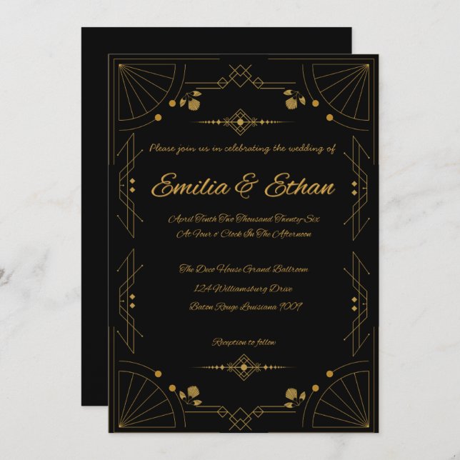 Modern Art Deco Black and Gold Wedding Invitation Inbjudningar (Fram/baksida)
