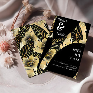 Modern Art Deco Bröllop Black White Guld Flowers Inbjudningar