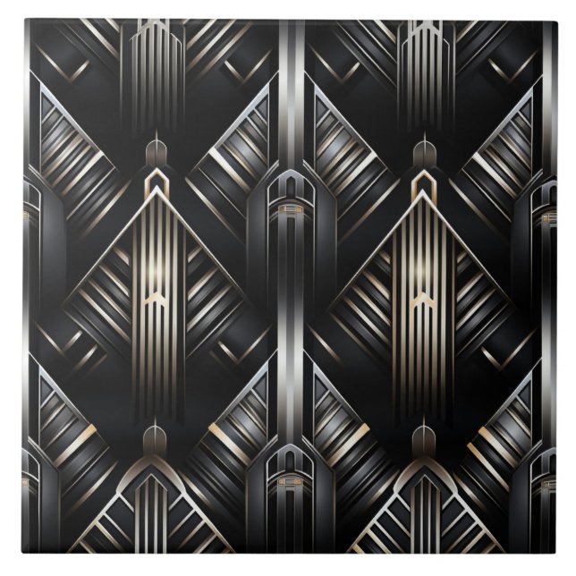 Modern Art Deco, Chiaroscuro, Guld och Black Kakelplatta (Framsidan)